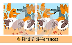 Sheep, wolf and fox. Find 7 differences. Game for children. Activity, vector.