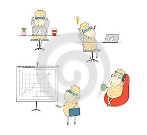 Sheep working in an office