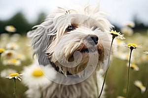 sheepdog fluff mingling with daisies