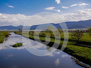 Sheepflock grazing fresh grass at springtime, shepherd looking along the clean river with hes resting dogs