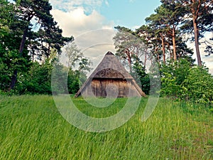 Traditional German sheepfold in the meadow of heathland in summer photo