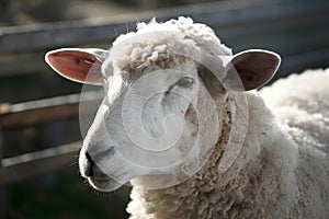 Sheeps head close up during shearing, showcasing fluffy white wool