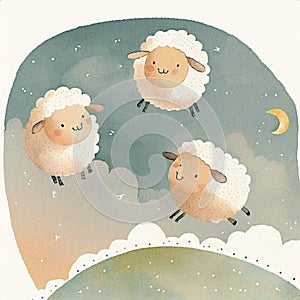 Sheeps jumping over the moon. Children watercolor illustration, poster.