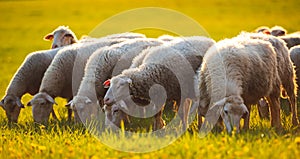 Sheeps in a meadow on green grass at sunset. Portrait of sheep. Flock of sheep grazing in a hill.