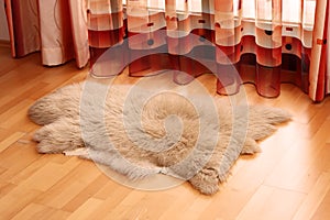 Sheepskin carpet on wooden floor photo