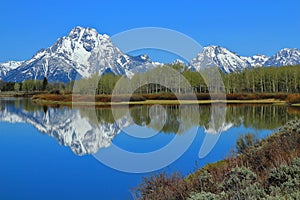 Grand Teton National Park with Mount Moran reflected in Oxbow Bend of the Snake River, Rocky Mountains, Wyoming