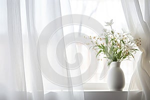 sheer white curtains floating with a breeze against an open window