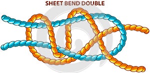 Sheet bend doubleisolated on white. Modification of straight knot where first loop makes two turns