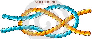 Sheet bend isolated on white. Modification of straight knot where first loop makes two turns