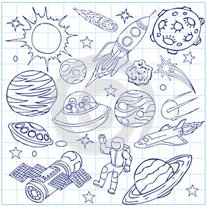 Sheet of exercise book with outer space doodles