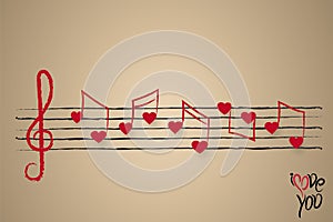 Sheet music with heart shaped musical notes