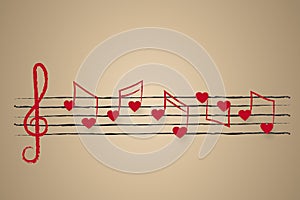 Sheet music with heart shaped musical notes