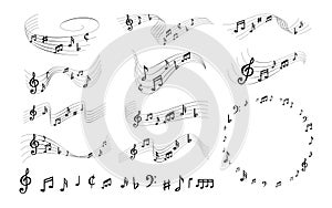 Sheet music notes. Elegant musically lines, musical notation swirls with note symbols vector illustration set