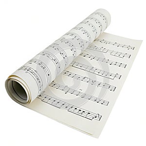 Sheet music rolled up isolated on white background photo