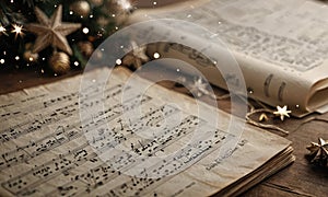 A sheet of music is sitting on a table next to a Christmas tree.