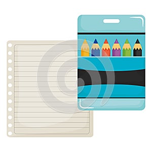 Sheet of notebook paper with colors pencils box