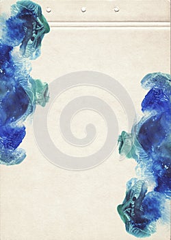 A sheet of notebook stained with blue watercolors. Artistic template for creative design.