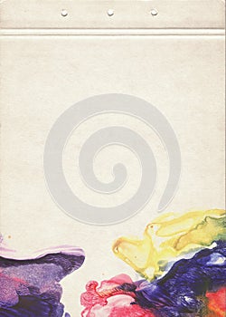 A sheet of notebook stained with multicolored watercolors. Artistic template for creative design.