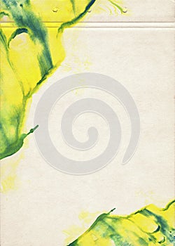 A sheet of old paper stained with green and yellow color watercolors. Vintage artistic watercolour background for creative design.