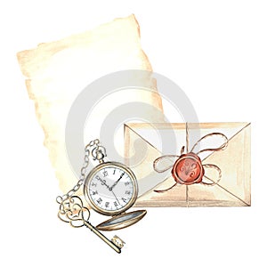 Sheet of old parchment handwritten paper, envelop, pocket watch and key. Hand drawn watercolor illustration template of