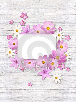 A sheet of paper surrounded by delicate pink chamomiles flowers on a light background