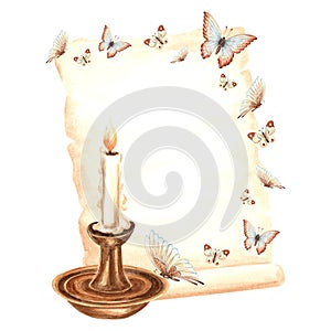 Sheet of parchment handwritten paper with fluttering butterflies, burning candle in candlestick. Hand drawn watercolor
