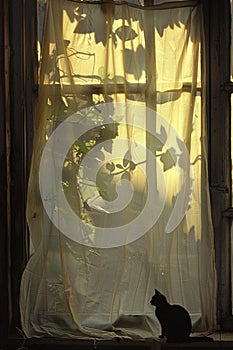 A sheet placed inside a window, a warm sun enters through the window photo