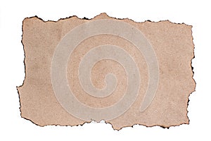 A sheet of rough brown paper with burned edges. Copy space