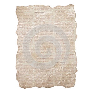 Sheet of torn newspaper isolated on white background. Old grunge newspapers textured paper