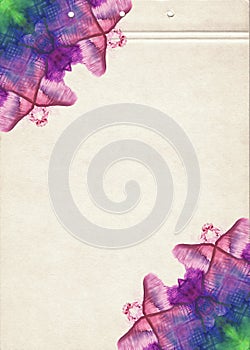 A sheet of vintage brown textured paper decorated with a pattern of symmetrical watercolor painted purple flowers. Fine grunge art