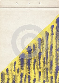 A sheet of vintage brown textured paper decorated with a yellow watercolor stain with purple hand drawn stripes. Fine grunge artis
