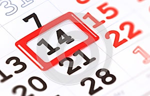 Sheet of wall calendar with red mark on 14 February