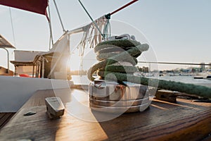 Sheet winch on the deck of a sailing yacht