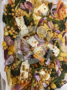 Sheetpan Roasting Pan with Roasted Veggies Onions, Brocollini, Carrots, Chick Peas, Lemon