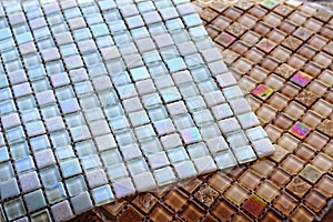 Sheets of glass tile mosaic. Close-up textute. Selective focus