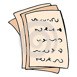 Sheets of paper with text, documents with pen icon. Vector illustration of blank, letter, text on paper with pen. Hand drawn exam