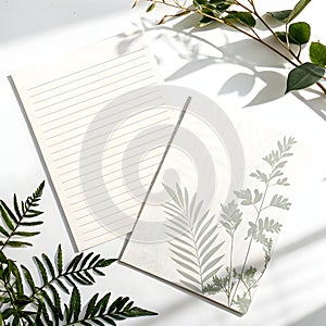 A4 and A5 sheets with plant shadow isolated on white background