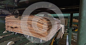 Sheets of plywood slabs are stacked in the warehouse of the woodworking plant