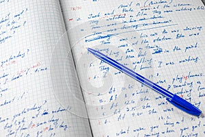 Sheets of school student notebook scribbled with a blue ballpoint pen.