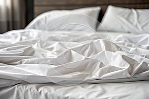 Sheets of unmade bed. White cotton sheets of an unmade bed