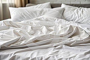 Sheets of unmade bed. White cotton sheets of an unmade bed