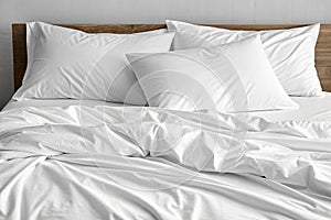 Sheets of unmade bed. White cotton sheets of an unmade bed