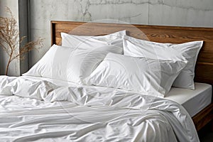 Sheets of unmade bed. White cotton sheets of an unmade bed