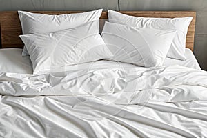 Sheets of unmade bed. White cotton sheets of an unmade bed