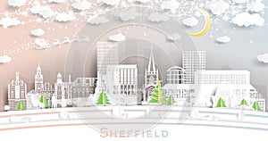 Sheffield UK. Winter City Skyline in Paper Cut Style with Snowflakes, Moon and Neon Garland. Christmas, New Year Concept. Santa