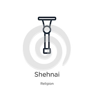 Shehnai icon. Thin linear shehnai outline icon isolated on white background from religion collection. Line vector shehnai sign,