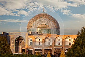 Sheikh Lotfollah Mosque in Naqsh Jahan Square of Isfahan Lit by Warm Sunset