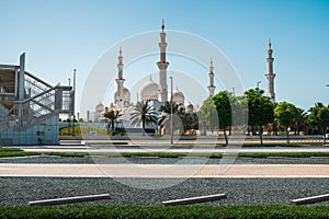 Sheikh Zayed Grand Mosque in Abu Dhabi, United Arab Emirates seen across the road