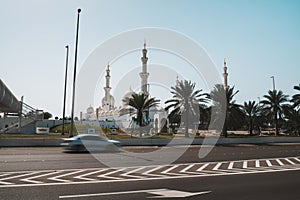 Sheikh Zayed Grand Mosque in Abu Dhabi, United Arab Emirates seen across the road