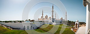 Sheikh Zayed Grand Mosque in Abu Dhabi, United Arab Emirates seen from a public overpass